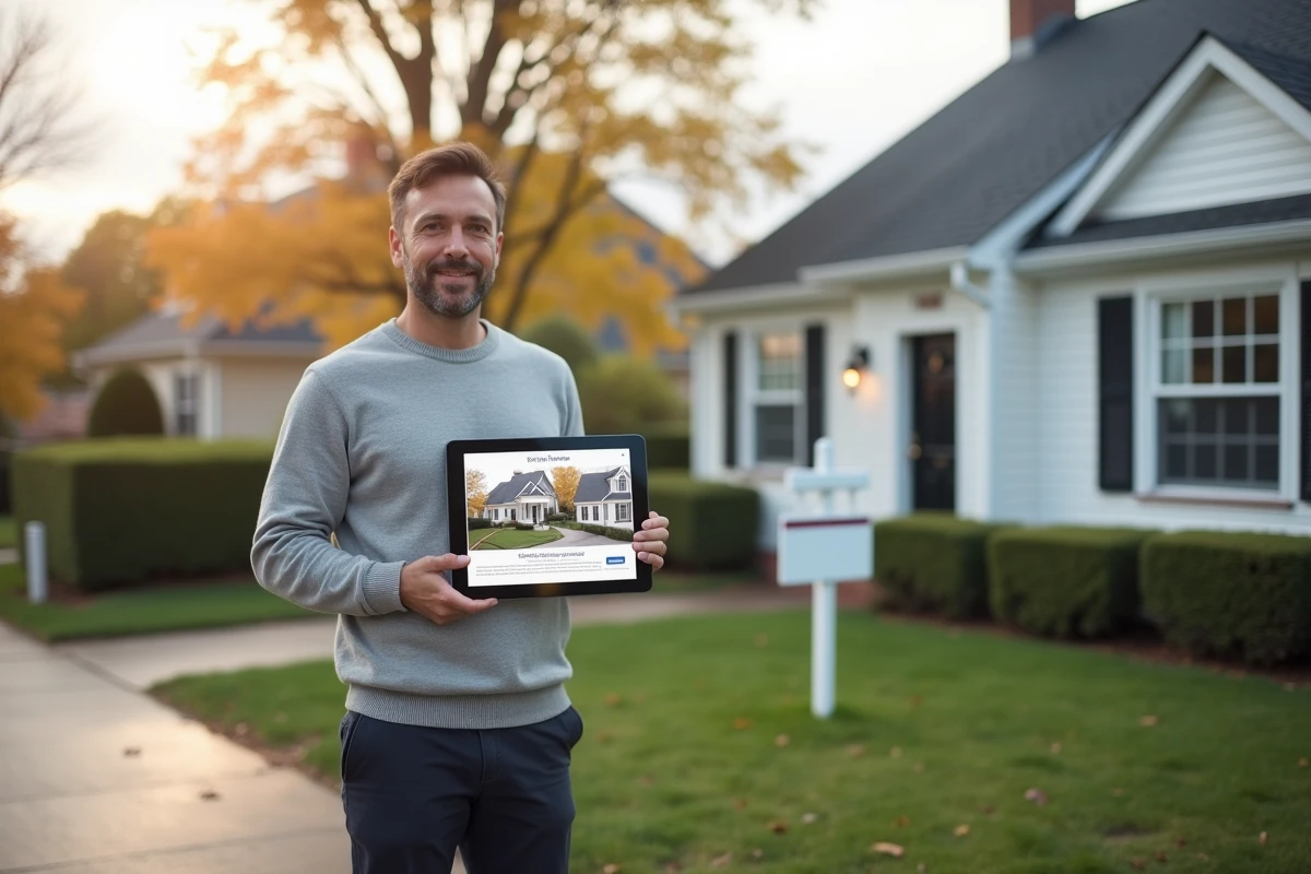 Owner holding a tablet with a real estate listing in front of a well-maintained house for sale