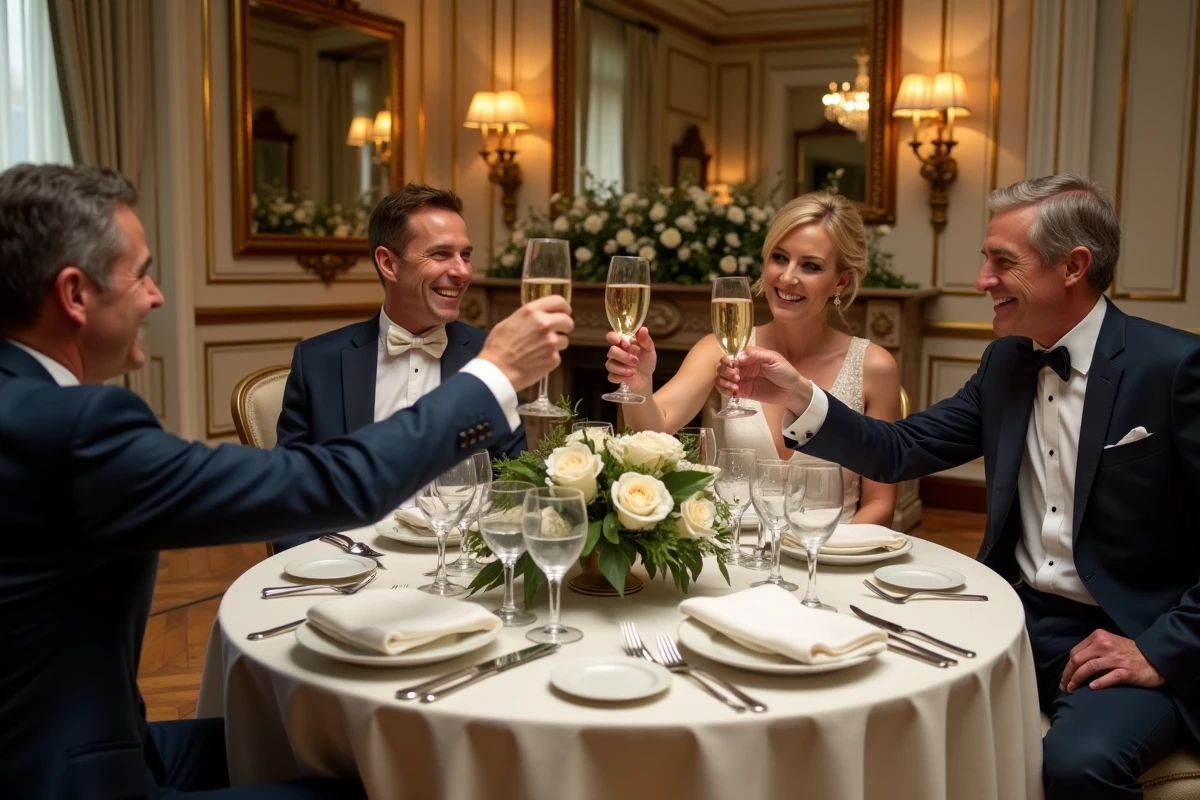 Réception de mariage intime dans un salon parisien avec toast entre invités