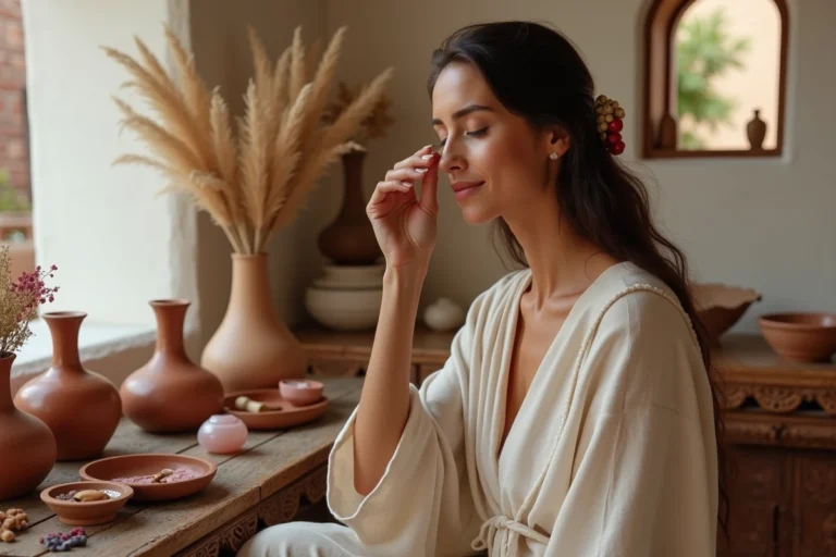 Femme pratiquant un rituel de beauté ancestral avec un rouleau de quartz rose et des huiles naturelles dans un décor méditerranéen antique