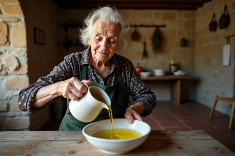 Femme âgée versant de l'huile d'olive dans un bol d'eau lors d'un rituel traditionnel contre le mauvais œil