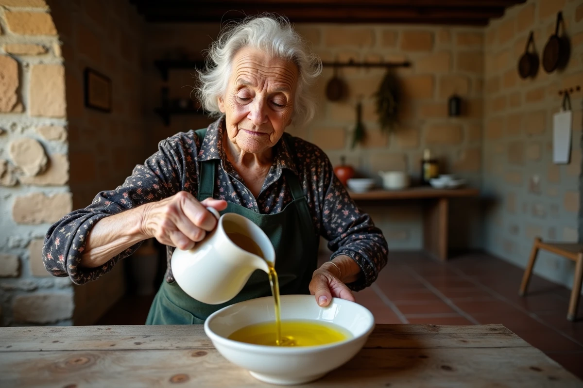Femme âgée versant de l'huile d'olive dans un bol d'eau lors d'un rituel traditionnel contre le mauvais œil