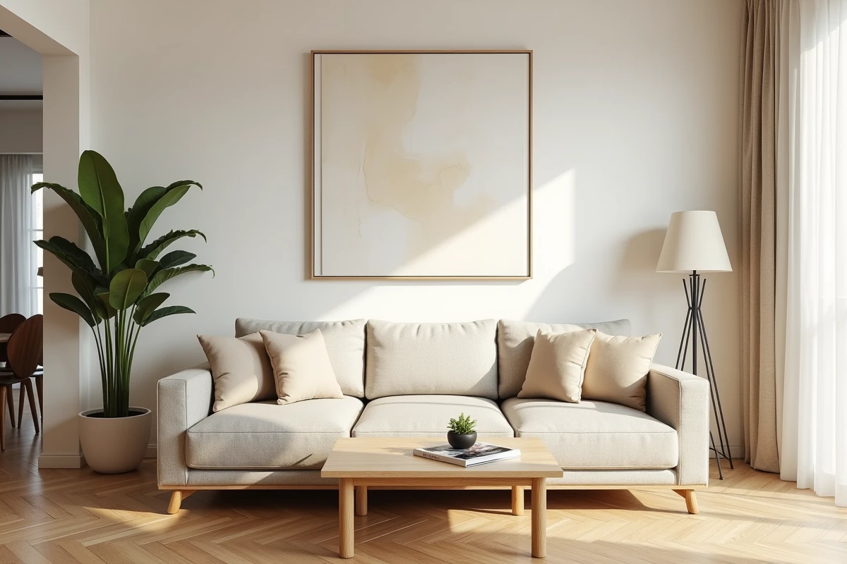 Elegantly staged living room for a property visit, with herringbone parquet and neutral decor