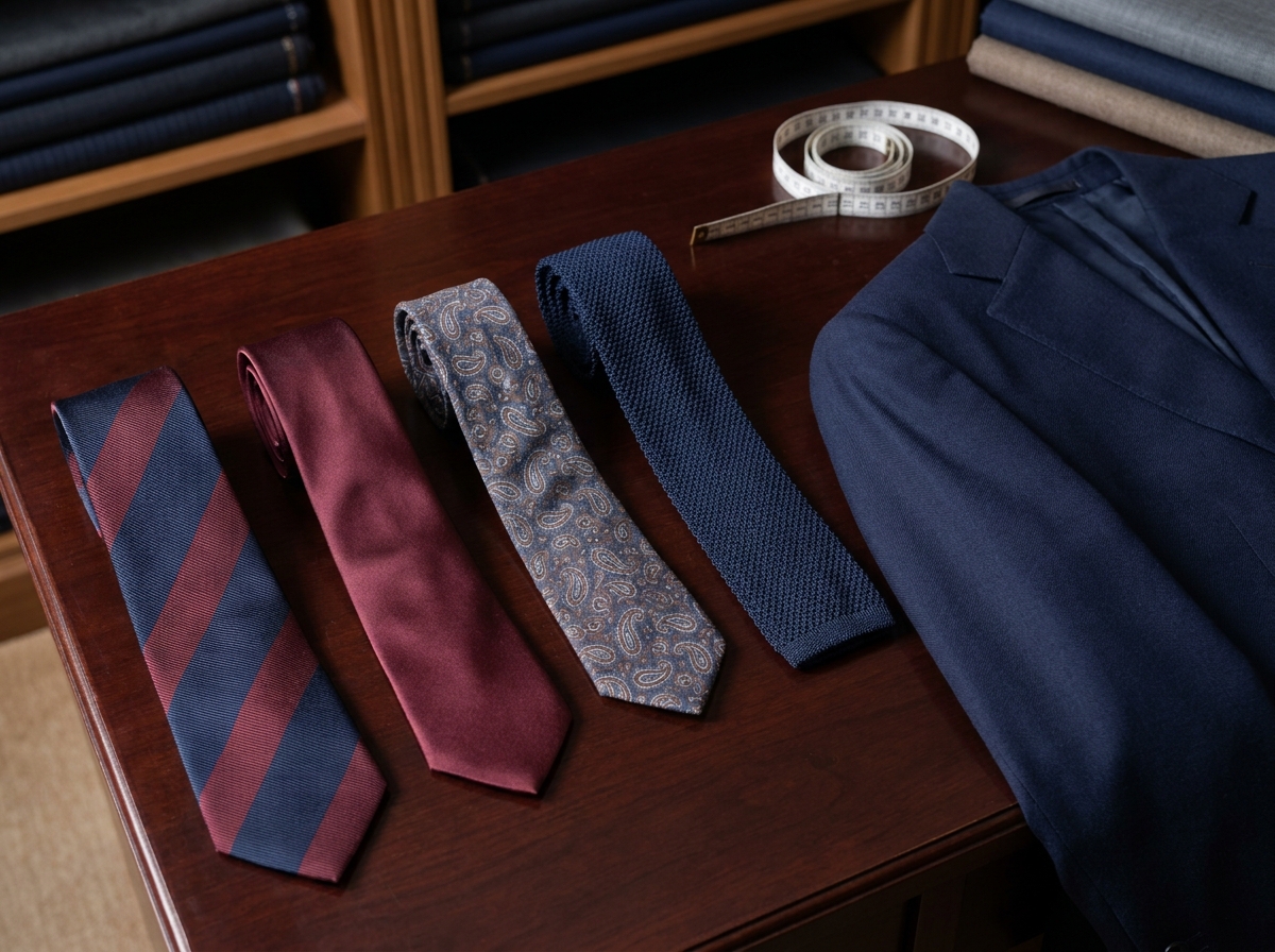 Quatre cravates aux motifs variés posées à côté d'un costume bleu marine sur une table en acajou dans un atelier de tailleur