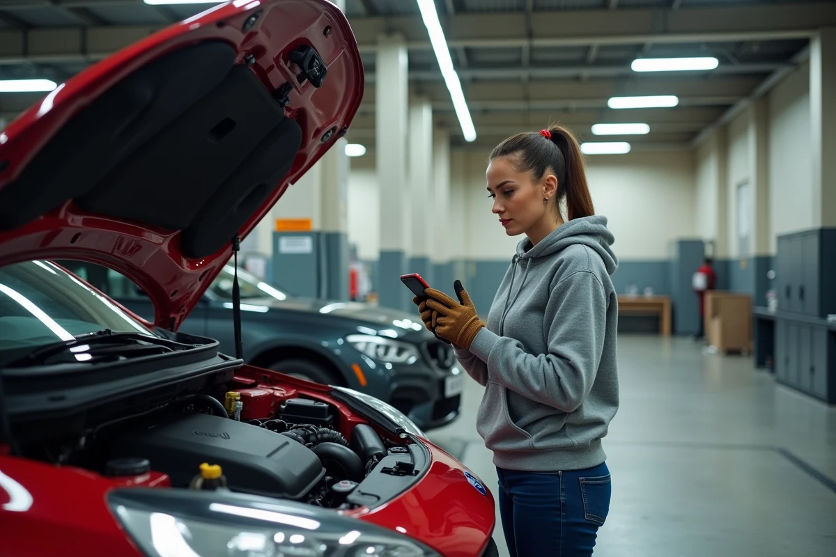 Femme consultant son téléphone pour entretenir son moteur dans un self garage à Rennes