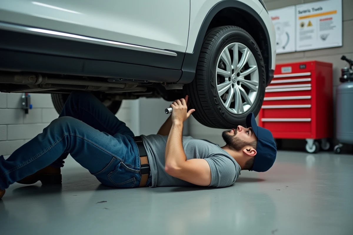 Mécanicien amateur sous une voiture sur chariot dans un self garage pour révision du châssis