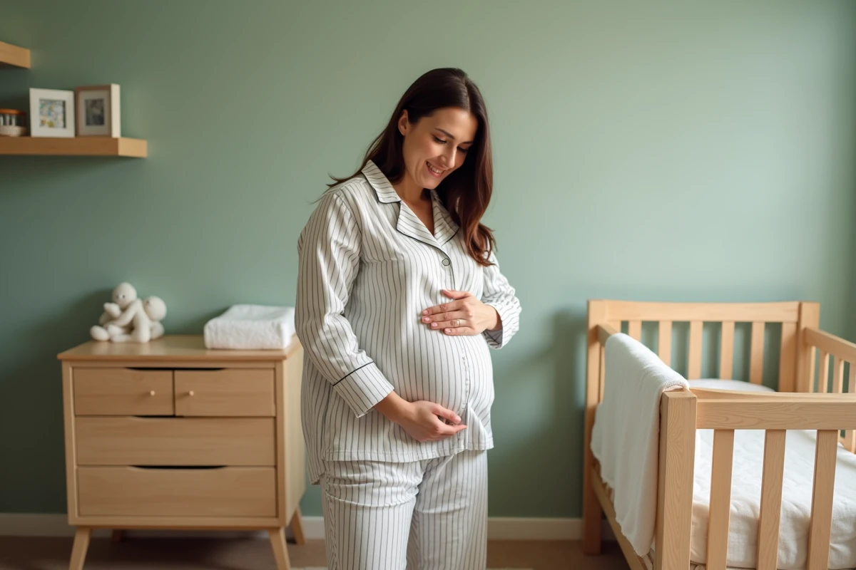 Femme enceinte dans une chambre de bébé tenant son ventre et son dos ressentant des contractions