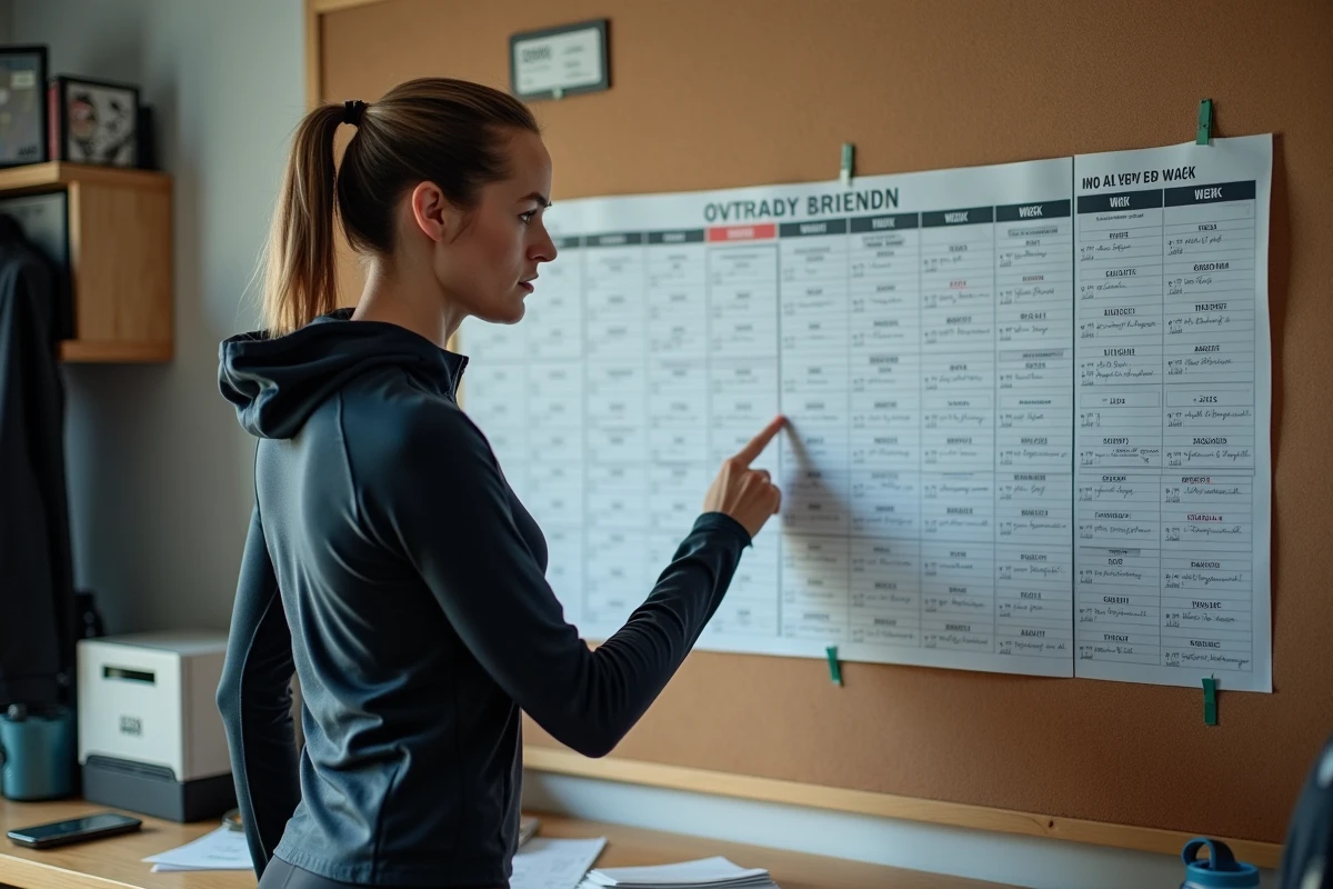 Coureuse examinant un plan d'entraînement sans semaine de décharge illustrant le volume constant sans récupération