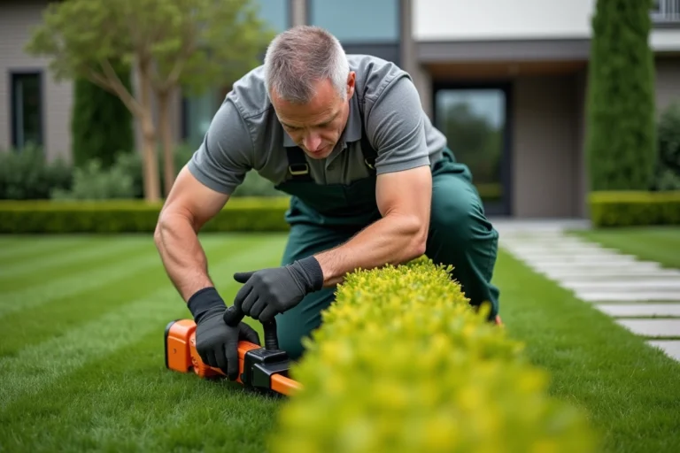 Jardinier homme taillant une haie dans un jardin résidentiel