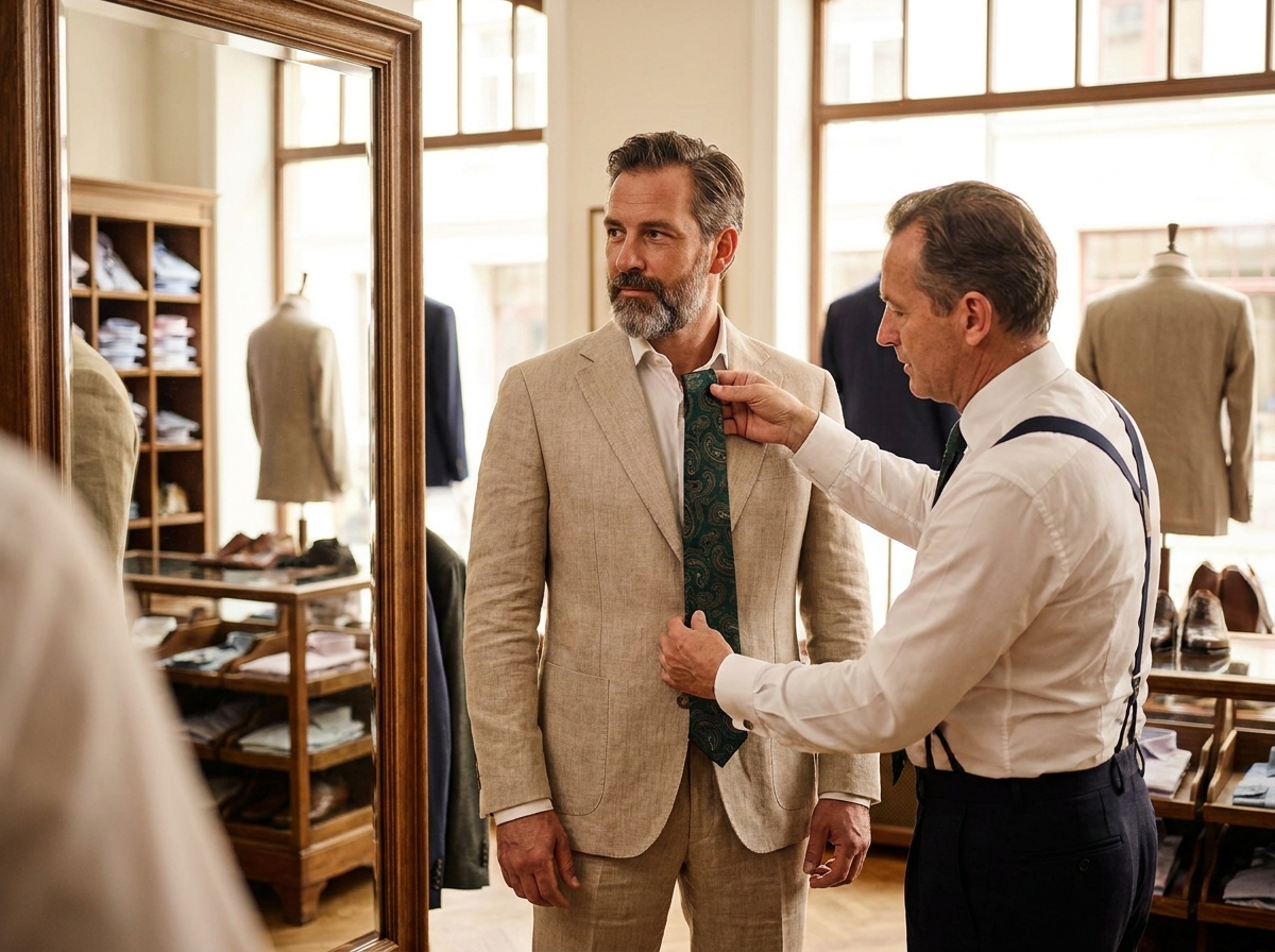 Tailleur présentant une cravate verte à un client en costume beige devant un miroir dans une boutique de vêtements pour hommes