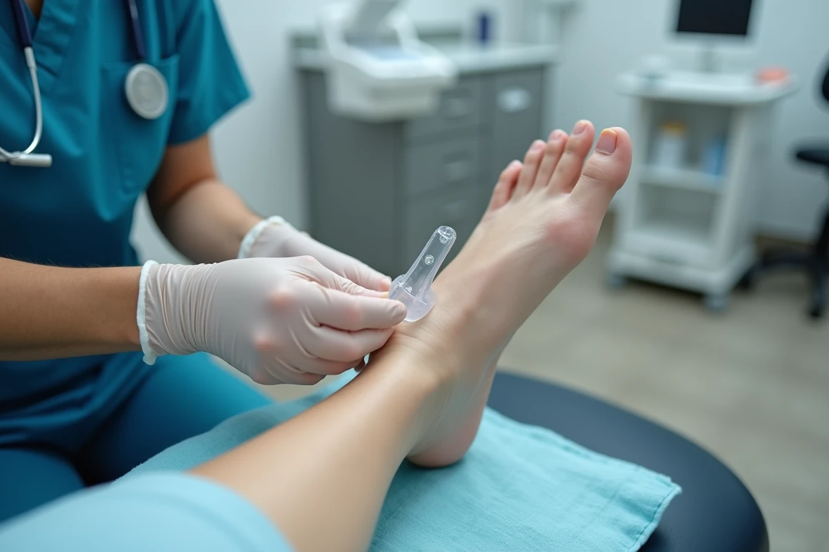 Podologue appliquant une attelle protectrice sur un orteil déformé pour corriger les séquelles d'un traumatisme de la matrice de l'ongle